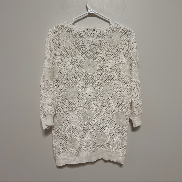 Crochet V-Neck Sweater women’s size Lrg  sand Dollar Cotton open Knit 3/4 Sleeve - Picture 3 of 9